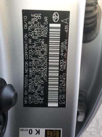 JTDKN3DU3A0195859 - 2010 TOYOTA PRIUS ვერცხლისფერი ფოტო 12