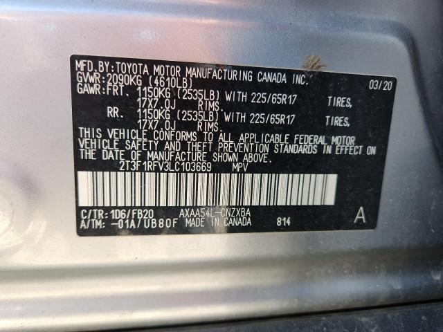 2T3F1RFV3LC103669 - 2020 TOYOTA RAV4 LE Серебристый фото 13