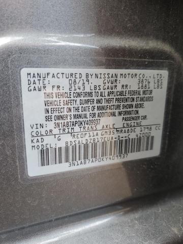 3N1AB7AP0KY409937 - 2019 NISSAN SENTRA S GRAY photo 12