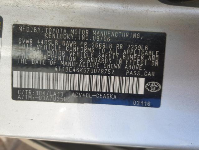 4T1BE46K57U078752 - 2007 TOYOTA CAMRY CE 银色 照片 12
