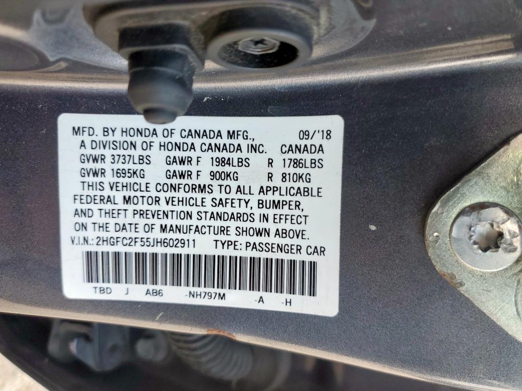 2HGFC2F55JH602911 - 2018 HONDA CIVIC LX GRAY photo 12