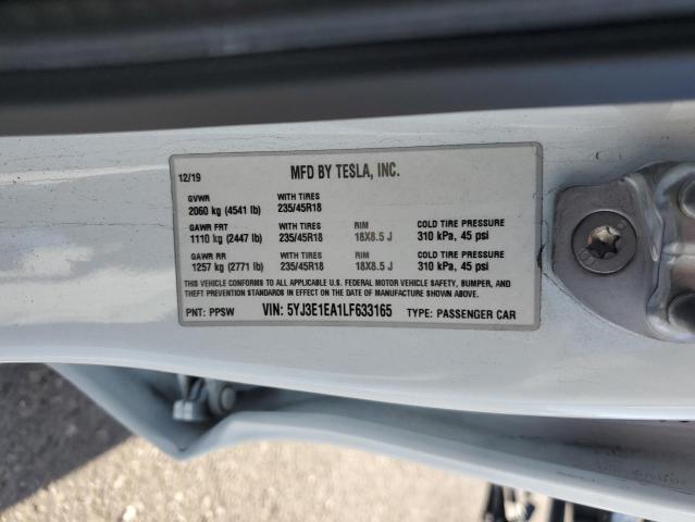 5YJ3E1EA1LF633165 - 2020 TESLA MODEL 3 თეთრი ფოტო 13