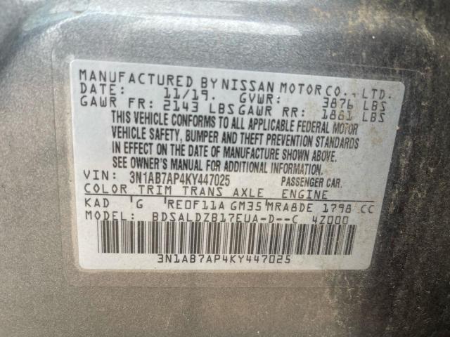 3N1AB7AP4KY447025 - 2019 NISSAN SENTRA S GRAY photo 10