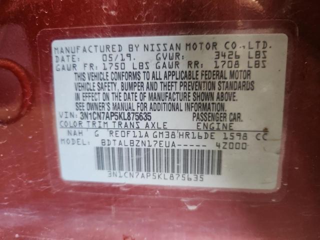 3N1CN7AP5KL875635 - 2019 NISSAN VERSA S 红色 照片 12