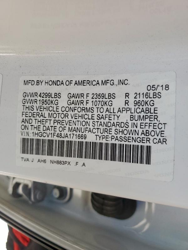 1HGCV1F48JA171669 - 2018 HONDA ACCORD EX Ақ фото 13