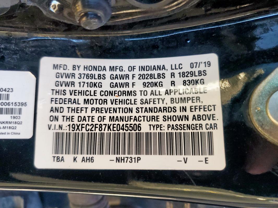 19XFC2F87KE045506 - 2019 HONDA CIVIC SPORT Чорний фото 12