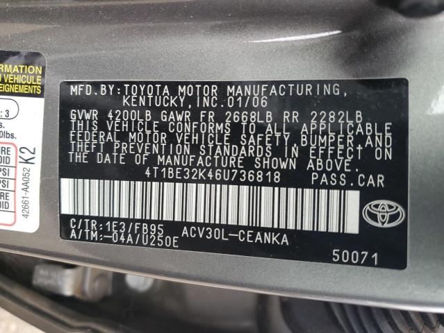 4T1BE32K46U736818 - 2006 TOYOTA CAMRY LE ნაცრისფერი ფოტო 13