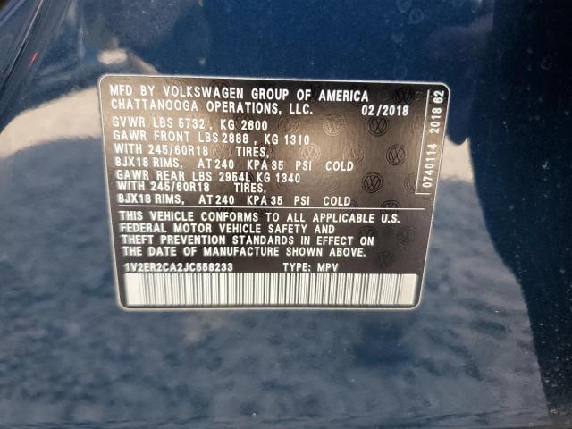 1V2ER2CA2JC558233 - 2018 VOLKSWAGEN ATLAS SEL Mavi fotoğraf 13