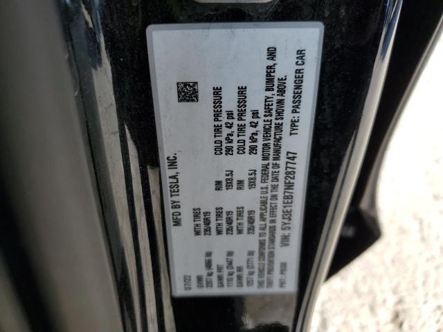 5YJ3E1EB7NF287747 - 2022 TESLA MODEL 3 Սև լուսանկար 12