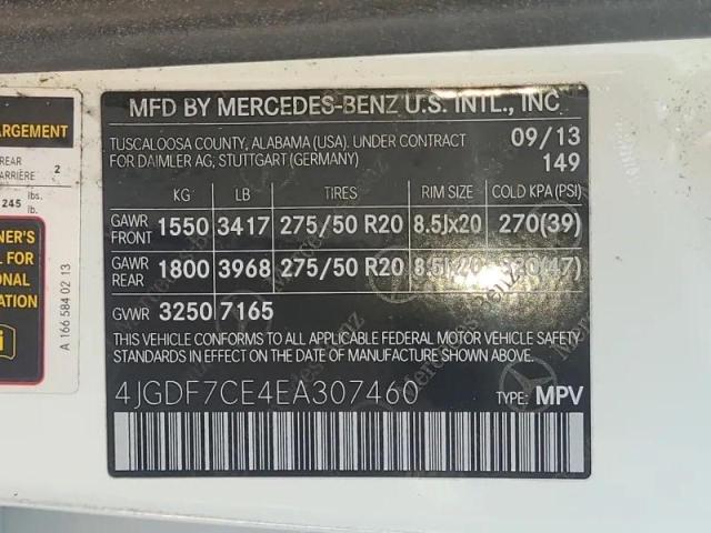 4JGDF7CE4EA307460 - 2014 MERCEDES-BENZ GL 450 4MATIC WHITE photo 10