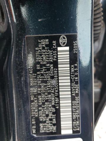 4T1BF1FK5CU068082 - 2012 TOYOTA CAMRY BASE BLACK photo 12
