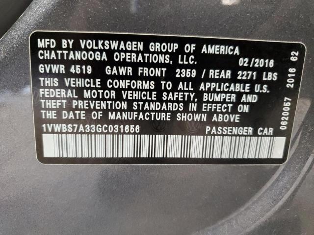 1VWBS7A33GC031656 - 2016 VOLKSWAGEN PASSAT SE GRAY photo 12