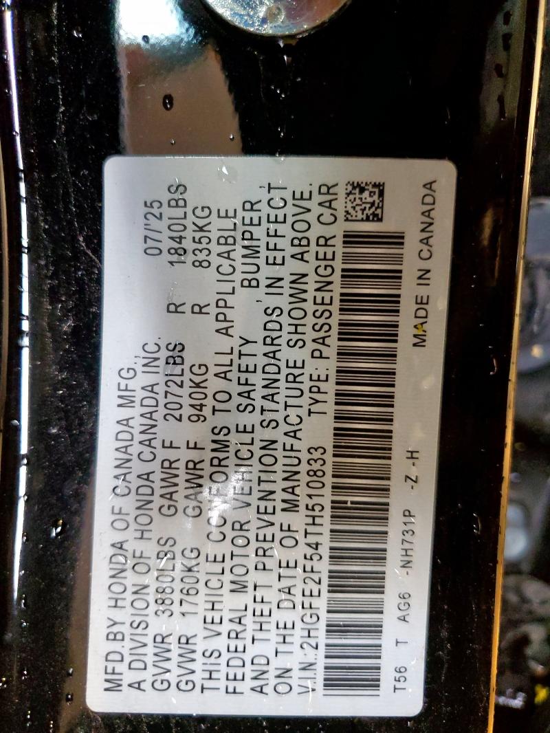 2HGFE2F54TH510833 - 2026 HONDA CIVIC SPORT BLACK photo 12