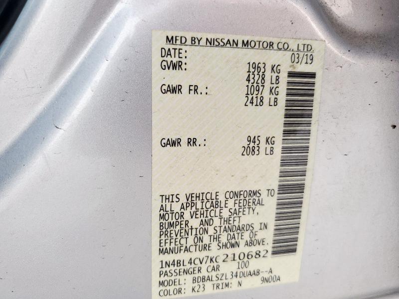 1N4BL4CV7KC210682 - 2019 NISSAN ALTIMA SR Gümüş fotoğraf 12