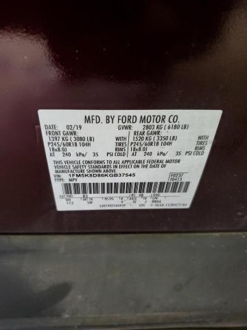 1FM5K8D86KGB37545 - 2019 FORD EXPLORER XLT Bordo foto 14