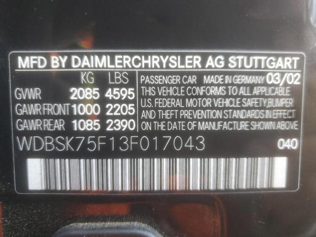 WDBSK75F13F017043 - 2003 MERCEDES-BENZ SL 500R BLACK photo 12