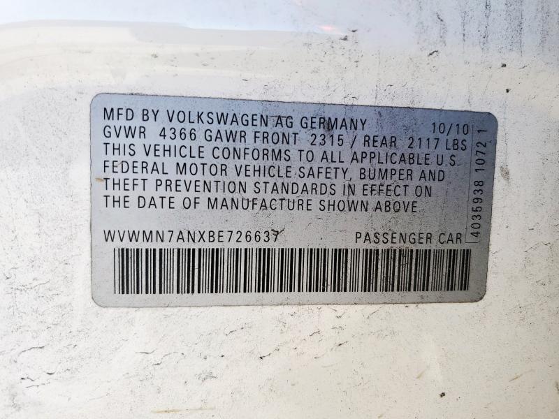 WVWMN7ANXBE726637 - 2011 VOLKSWAGEN CC SPORT 白色 照片 13