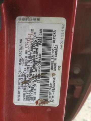 2T1BR32E43C094340 - 2003 TOYOTA COROLLA CE RED photo 12