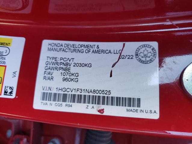 1HGCV1F31NA800525 - 2022 HONDA ACCORD SPORT წითელი ფოტო 12