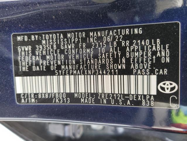 5YFEPMAEXNP344211 - 2022 TOYOTA COROLLA LE BLACK photo 12