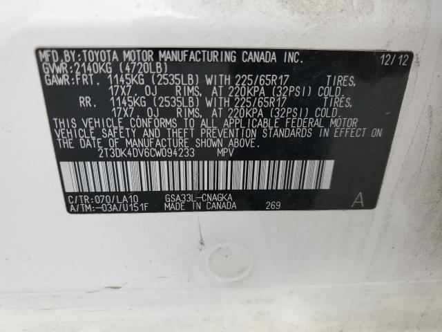 2T3DK4DV6CW094233 - 2012 TOYOTA RAV4 LIMITED WHITE photo 12