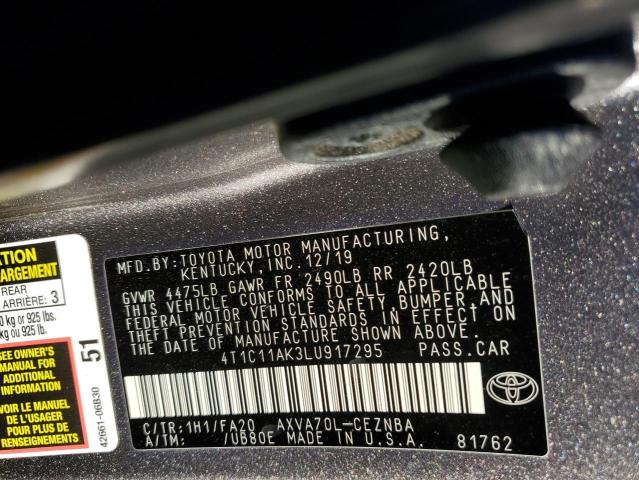 4T1C11AK3LU917295 - 2020 TOYOTA CAMRY LE GRAY photo 12