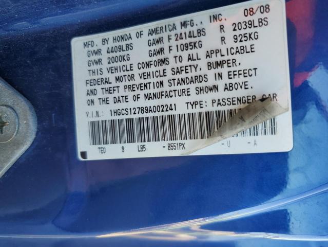 1HGCS12789A002241 - 2009 HONDA ACCORD EX BLUE photo 12