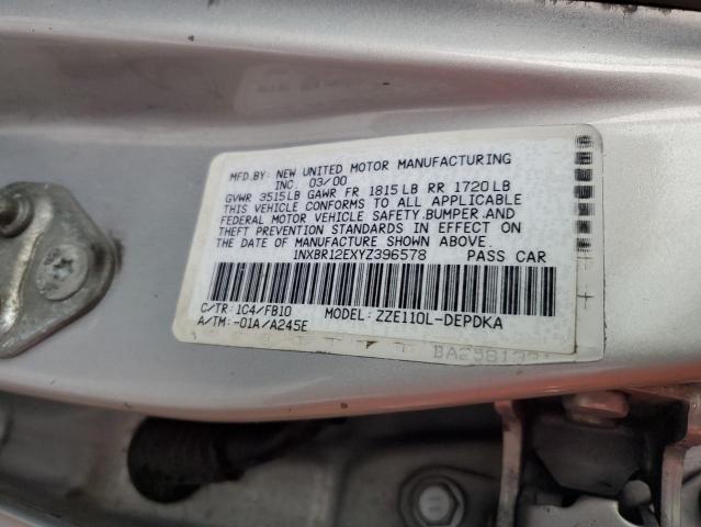 1NXBR12EXYZ396578 - 2000 TOYOTA COROLLA VE SILVER photo 12
