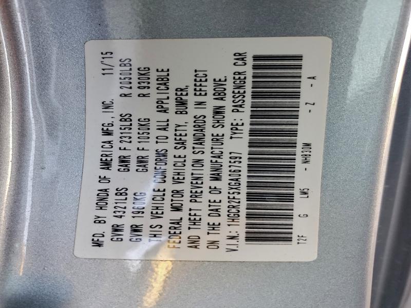 1HGCR2F5XGA067597 - 2016 HONDA ACCORD SPORT Srebrny zdjęcie 12