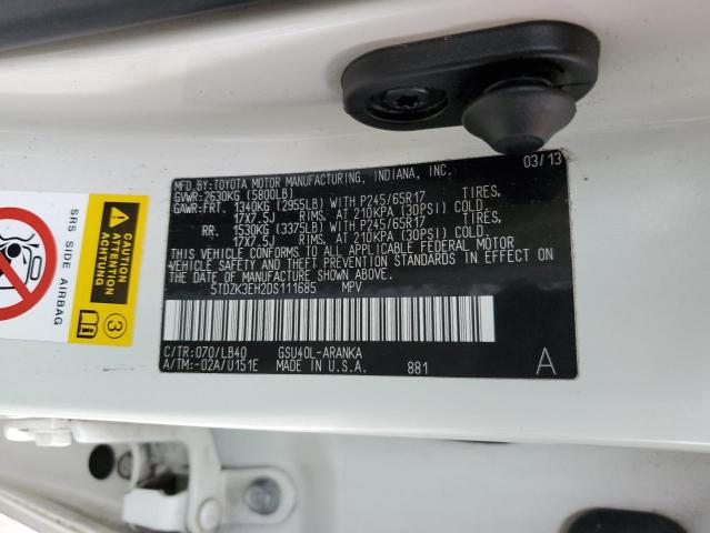 5TDZK3EH2DS111685 - 2013 TOYOTA HIGHLANDER BASE Beyaz fotoğraf 12