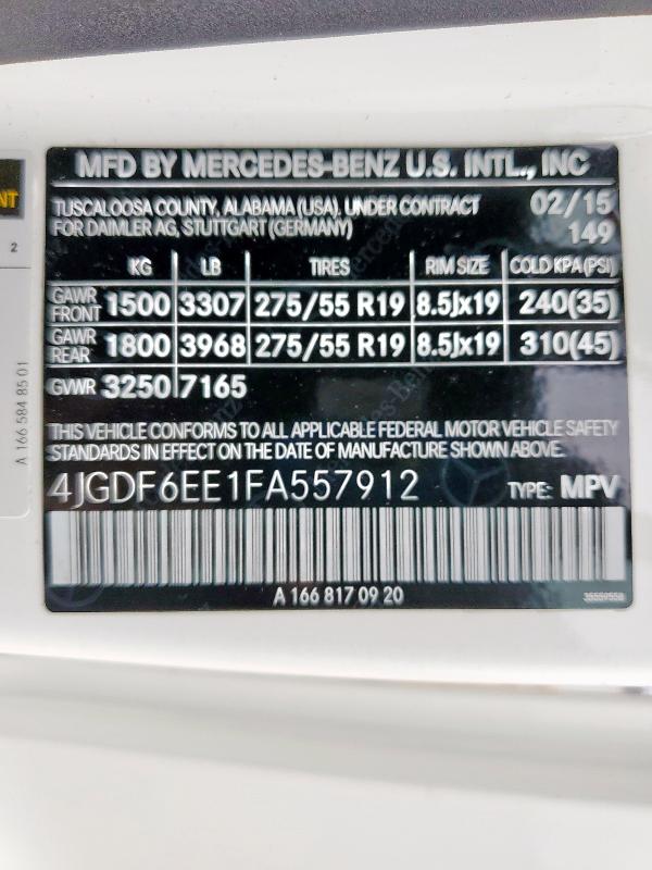 4JGDF6EE1FA557912 - 2015 MERCEDES-BENZ GL 450 4MATIC WHITE photo 13