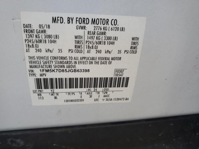 1FM5K7D85JGB63398 - 2018 FORD EXPLORER XLT Ақ фото 13