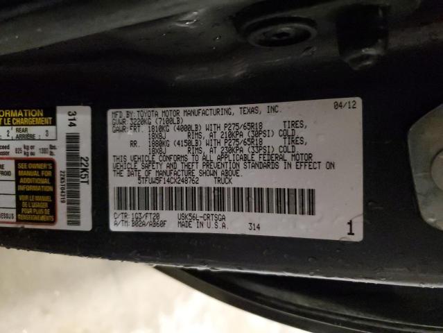5TFUW5F14CX248762 - 2012 TOYOTA TUNDRA DOUBLE CAB SR5 GRAY photo 12