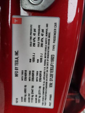 5YJ3E1EB3JF119923 - 2018 TESLA MODEL 3 წითელი ფოტო 12