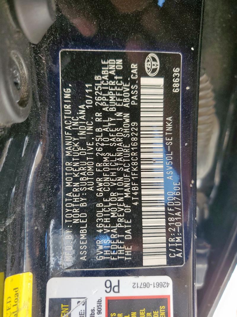 4T4BF1FK8CR168229 - 2012 TOYOTA CAMRY BASE BLACK photo 12