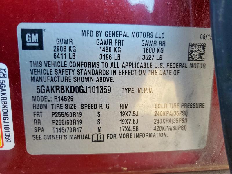 5GAKRBKD0GJ101359 - 2016 BUICK ENCLAVE MAROON photo 13