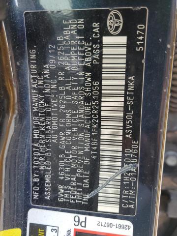 4T4BF1FK2CR251056 - 2012 TOYOTA CAMRY BASE BLACK photo 12