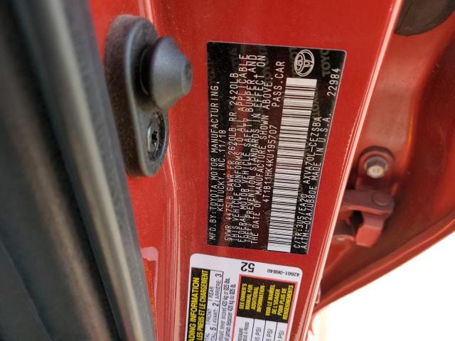 4T1B11HK4KU195707 - 2019 TOYOTA CAMRY L RED photo 12