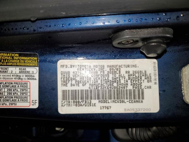 4T1BF32K64U062407 - 2004 TOYOTA CAMRY LE BLUE photo 12
