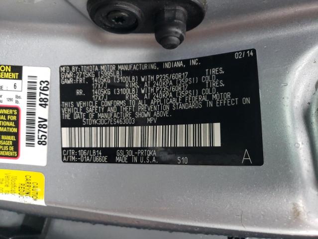 5TDYK3DC7ES463003 - 2014 TOYOTA SIENNA XLE SILVER photo 14
