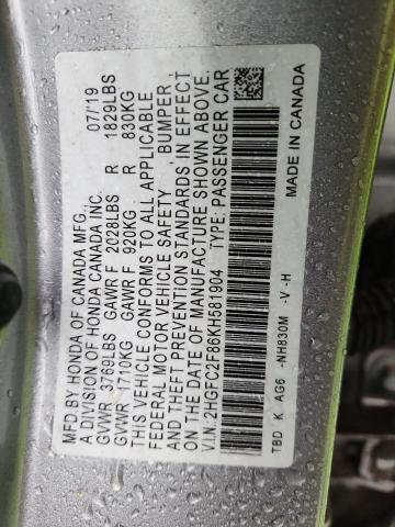 2HGFC2F86KH581904 - 2019 HONDA CIVIC SPORT Silber Foto 12