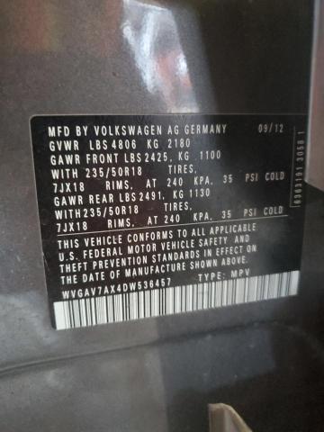 WVGAV7AX4DW536457 - 2013 VOLKSWAGEN TIGUAN S GRAY photo 12