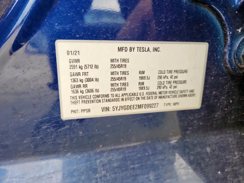 5YJYGDEE2MF099227 - 2021 TESLA MODEL Y BLUE photo 12