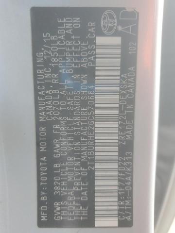 2T1BURHE2GC570664 - 2016 TOYOTA COROLLA L GRAY photo 12