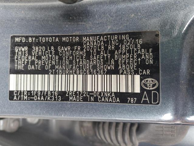 2T1BURHE8GC616367 - 2016 TOYOTA COROLLA L GRAY photo 12