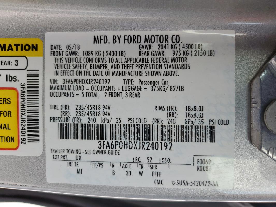 3FA6P0HDXJR240192 - 2018 FORD FUSION SE ვერცხლისფერი ფოტო 12