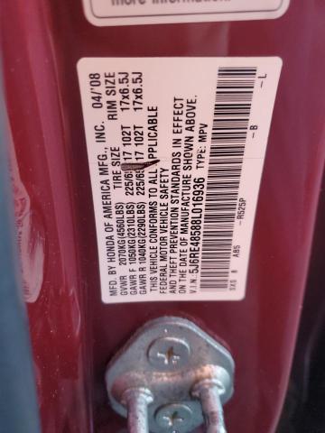 5J6RE48588L016936 - 2008 HONDA CR-V EX RED photo 12