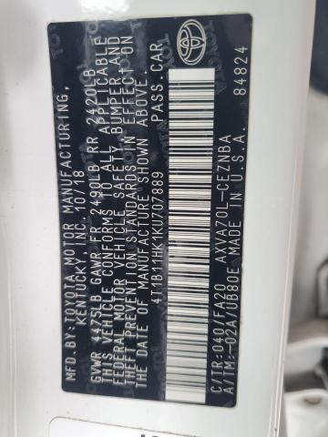 4T1B11HK1KU707889 - 2019 TOYOTA CAMRY L 白色 照片 12