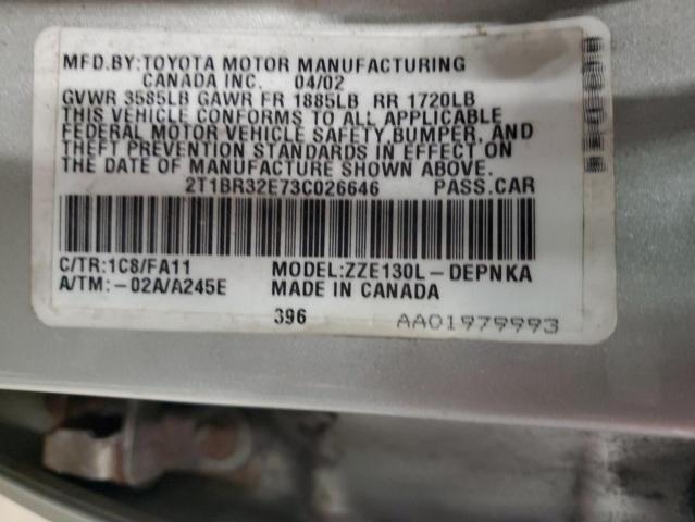2T1BR32E73C026646 - 2003 TOYOTA COROLLA CE SILVER photo 12