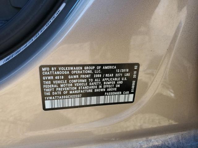 1VWAT7A33GC022237 - 2016 VOLKSWAGEN PASSAT S GOLD photo 13